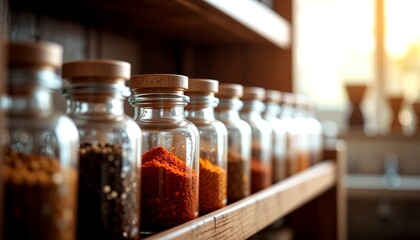Glass Jars of Colorful Spices on Wooden Shelf in Warm Kitchen Light