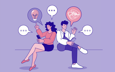 A man and a woman sit together, chatting on their phones. Their speech bubbles show a light bulb for an idea and a tangled mess for a problem, symbolizing digital communication and problem-solving.