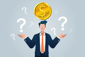 Facing financial questions. this illustration captures the confusion of business problems, investment decisions, or financial planning. a perfect visual for blogs and articles on finding solutions.
