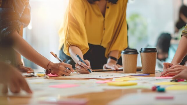 The collaborative workspace moment with hands engaged in creative brainstorming.