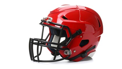 Fototapeta premium Vivid red football helmet with black mask against bright white backdrop