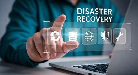 Person touching digital disaster recovery icons technology