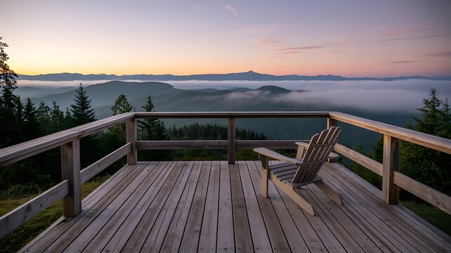 A wooden deck with a chair overlooks a misty valley at sunrise, offering a serene and tranquil natural landscape view