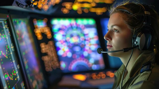 Focused Female Air Traffic Controller in High-Tech Control Room Managing Flight Safety Operations