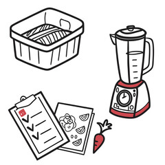 A healthy lifestyle concept with a blender fresh produce in a basket and a checklist with healthy food illustrations and a carrot