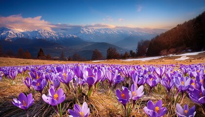 a vibrant field of saffron crocuses in full bloom their delicate purple flowers carpeting the landscape the golden stamens of the crocuses which produce the valuable saffron spice glow in