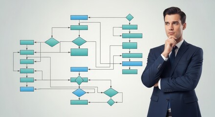 Businessman contemplating a complex flowchart diagram