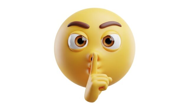 Yellow emoji shushing with finger to lips isolated on white background