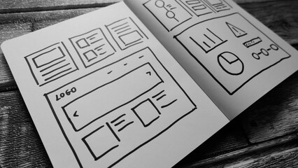 Draft sketch drawing template layout framework wireframe. User experience concept.