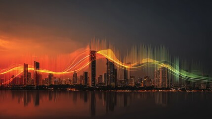 Obraz premium Colorful data streams over night city