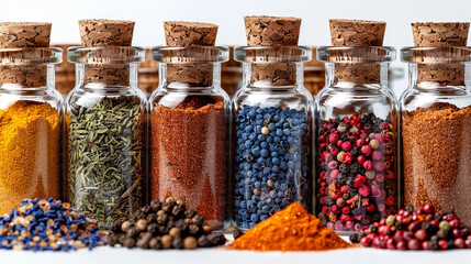 Assorted spices in small glass jars.  Colorful and flavorful herbs, spices, and peppers displayed in transparent glass containers with cork tops.  Focuses on a variety of textures and colors.