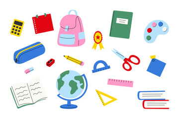 Colorful school supplies icons set. Flat vector illustration. Back to school promotions, classroom posters, children&rsquo;s books, educational website design