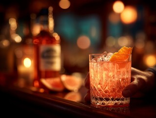 Closeup of a hand holding a refreshing amber cocktail with ice and an orange garnish in a crystal glass at a dimly lit bar, perfect for nightlife