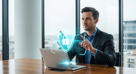 Businessman interacting with futuristic holographic globe technology