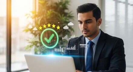 Businessman reviewing positive feedback and quality metrics on a laptop