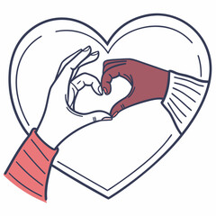 Two hands of different skin tones forming a heart shape inside a larger heart outline symbolizing love unity and diversity
