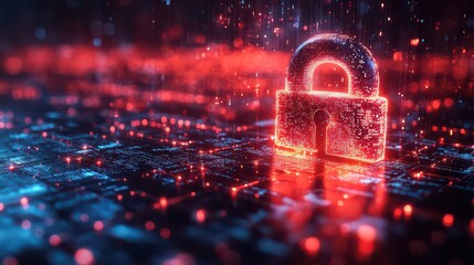 Glowing digital padlock on a circuit board.