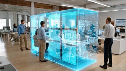 Innovation in the Workplace: A team collaborates inside a futuristic glass structure in a modern office setting, symbolizing the cutting-edge advancements and collaborative spirit.
