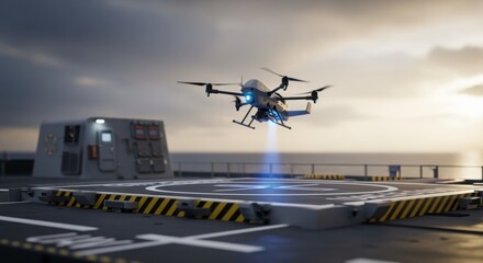 Dynamic simulation setup showing vertical UAV liftoff from a flight deck designed for naval drone recovery and launch exercises.