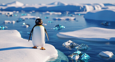  Playful Pingu at the Arctic edge: a dreamlike close-up amidst shimmering ice and endless polar waters.