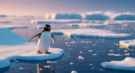  Playful Pingu at the Arctic edge: a dreamlike close-up amidst shimmering ice and endless polar waters.