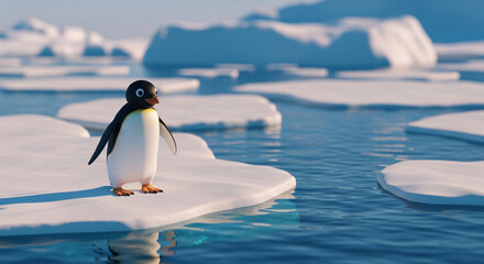  Playful Pingu at the Arctic edge: a dreamlike close-up amidst shimmering ice and endless polar waters.