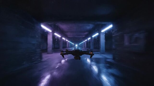 Drone Racing Through Neon Warehouse - A fast-paced first-person perspective of a drone navigating a neon-lit course through an abandoned warehouse.
