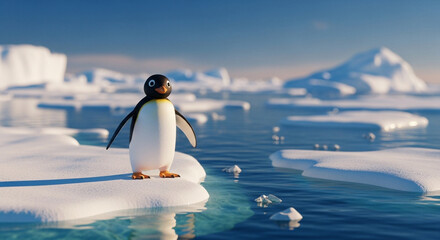  Playful Pingu at the Arctic edge: a dreamlike close-up amidst shimmering ice and endless polar waters.