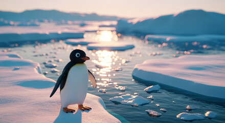  Playful Pingu at the Arctic edge: a dreamlike close-up amidst shimmering ice and endless polar waters.