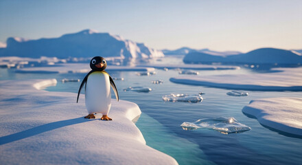  Playful Pingu at the Arctic edge: a dreamlike close-up amidst shimmering ice and endless polar waters.