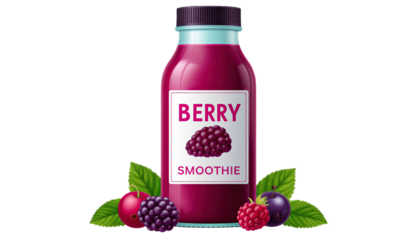 Berry smoothie bottle with fresh fruit blend and healthy beverage drink isolated on white background
