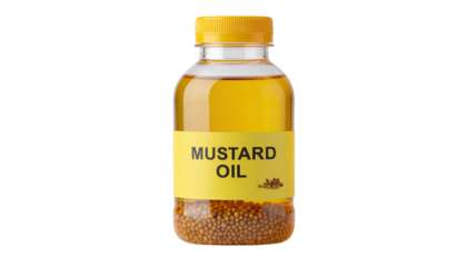 Mustard oil bottle with golden liquid and natural cooking ingredient isolated on white background