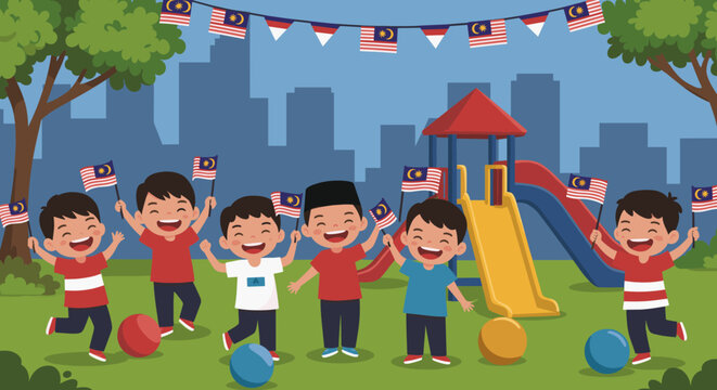 A group of happy children play in a colorful playground, holding Malaysian flags.