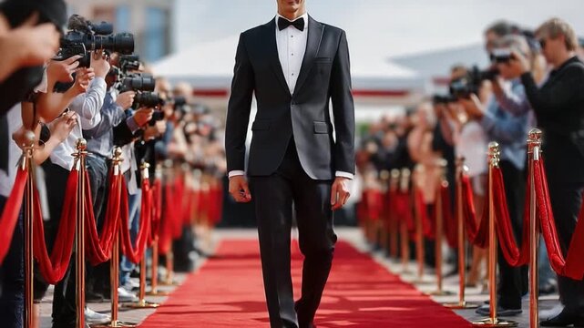 Celebrity Entrance: A distinguished figure strides confidently down a vibrant red carpet, escorted by an array of paparazzi, embodying grace and the glitz of a high-profile event.