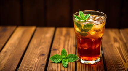 Glass of iced tea with mint leaves on a wooden table