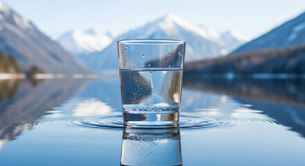 A clear glass of water sits on a reflective surface with mountains in the blurred background behind it