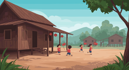 Children run and play in a rural Malaysian village with traditional wooden houses.