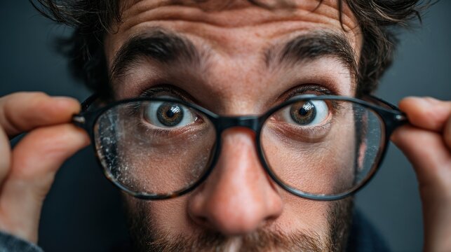 Close-up of a young man with curly hair and a beard adjusting his black-rimmed glasses while looking directly into the camera with a curious expression, set against a neutral background