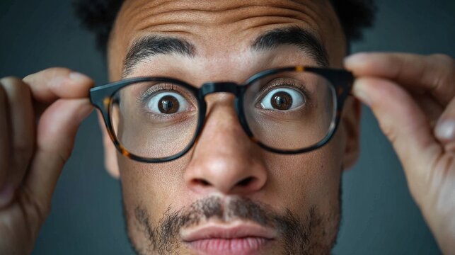 Close-up of a surprised man with glasses holding them with both hands, wide eyes, raised eyebrows, and a puzzled expression, wearing a dark shirt against a blurred background