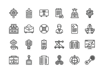 Modern linear icons representing essential business strategy and management concepts for industry operations