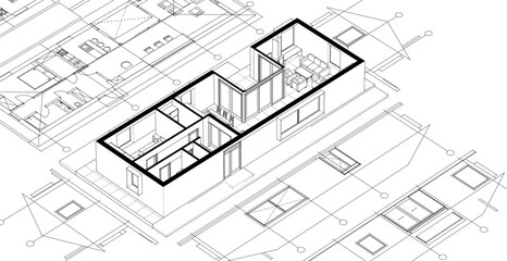 traditional house sketch plan 3D illustration