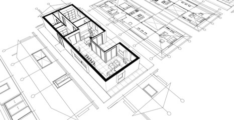 traditional house sketch plan 3D illustration