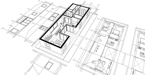 traditional house sketch plan 3D illustration