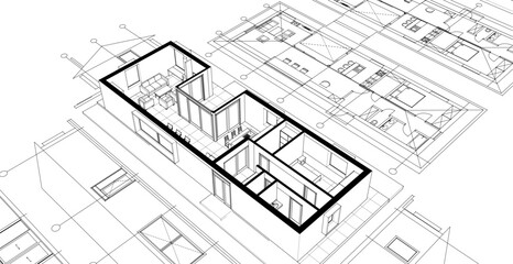 traditional house sketch plan 3D illustration