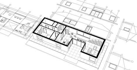 traditional house sketch plan 3D illustration