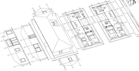 traditional house sketch plan 3D illustration