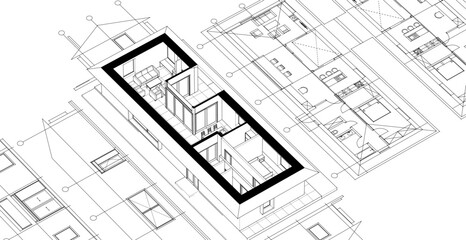 traditional house sketch plan 3D illustration