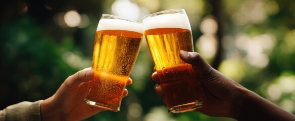 The joyful toast of friends with refreshing golden beers in nature.