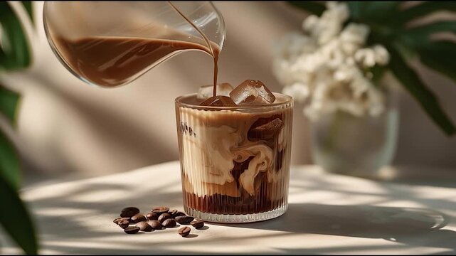 Iced coffee with milk being poured into glass with ice cubes, coffee beans on table, refreshing summer beverage in natural sunlight with tropical leaves and flowers
