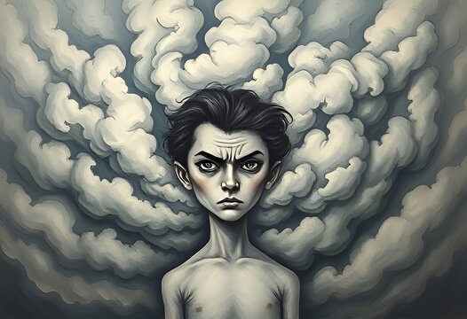 Anxiety Cloudy swirling shapes surrounding a figure with a furro